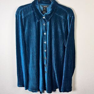 Ali Miles Peacock Blue Velvet Button Up Lagenlook Tunic Women's Size XL